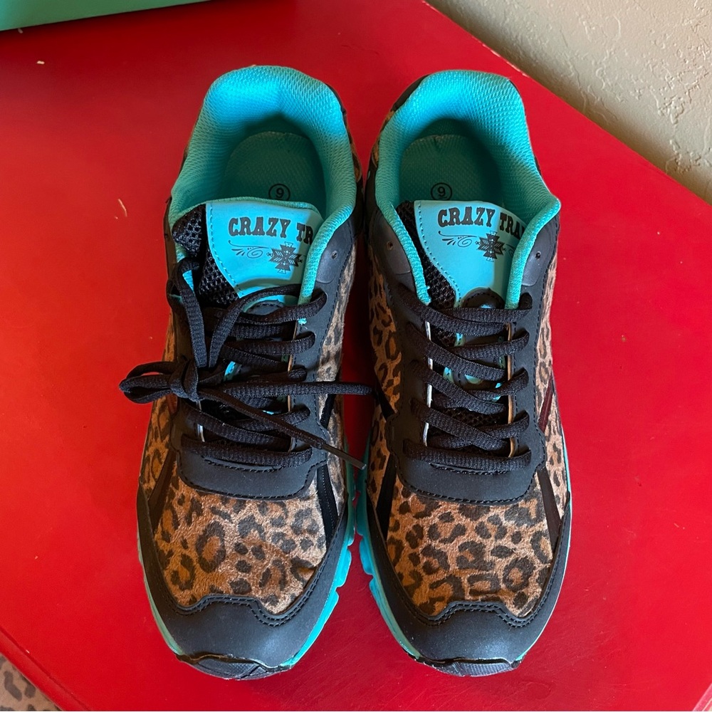 Crazy Train Leopard Turquoise Blue Black Tennis Shoes Lace Up Size 9 Sneakers - Picture 2 of 12